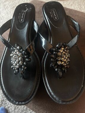 COACH Black Jeweled Patent Platform Thong Sandals
